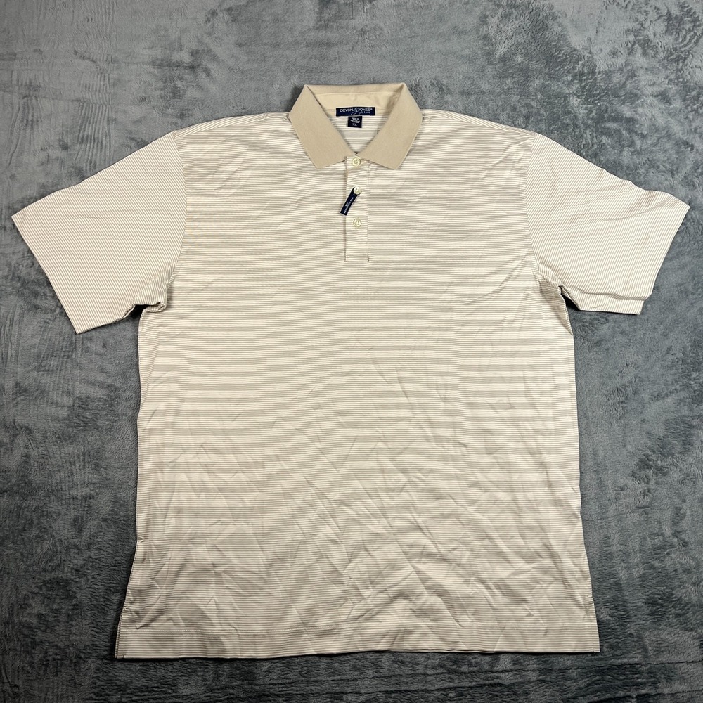 Devon & Jones Polo Shirt Mens XL Beige Striped Cotton Golf Performance Athletic
